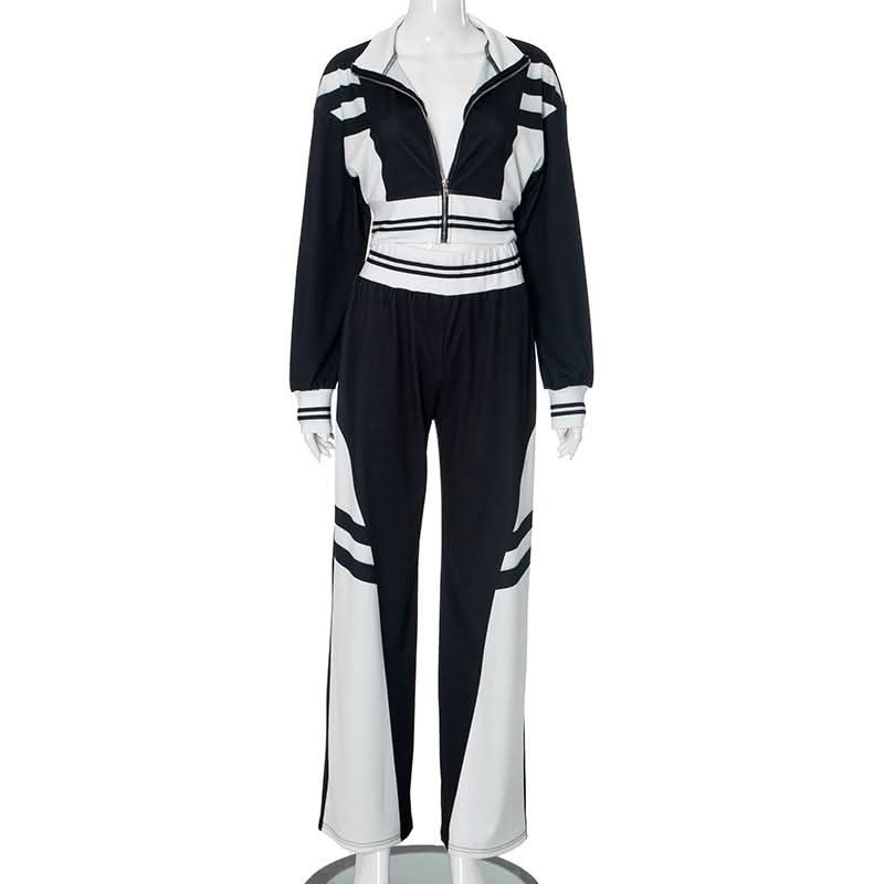 Women's Fall Athleisure Black & White Tracksuit Set | Zip-Up Crop Jacket & Wide Leg Pants