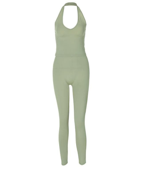 Effortless Chic: Sage Green Halter Neck Top & High-Waist Leggings Set – Fall Comfort & Style