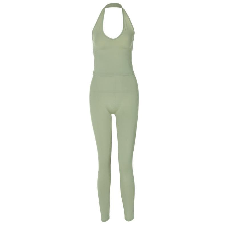 Effortless Chic: Sage Green Halter Neck Top & High-Waist Leggings Set – Fall Comfort & Style