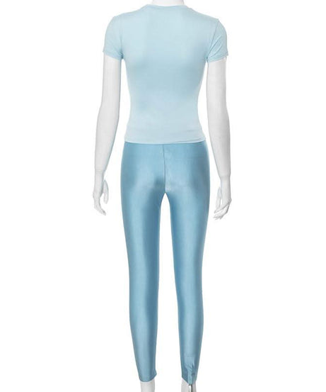 Effortless Fall Chic: Sky Blue Shimmer High-Rise Legging & Short Sleeve Top Athleisure Set