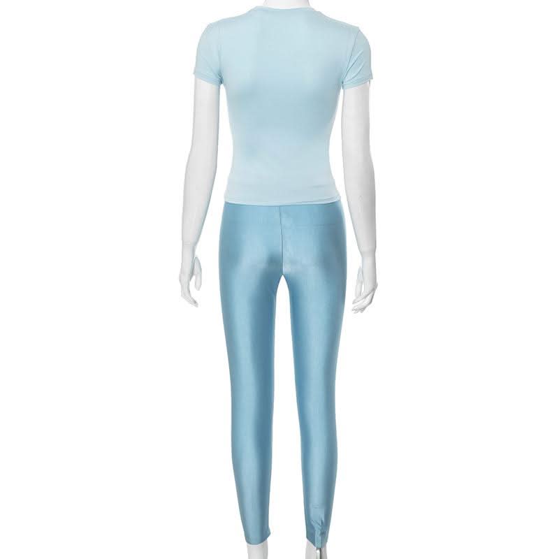 Effortless Fall Chic: Sky Blue Shimmer High-Rise Legging & Short Sleeve Top Athleisure Set