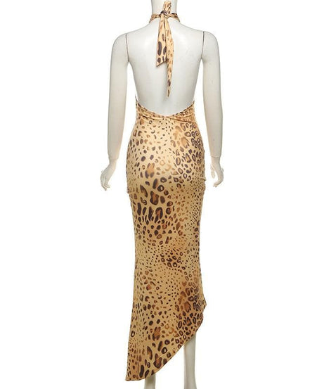 Allure & Edge: Leopard Print Halter Maxi Dress with Backless Design & Asymmetrical Lacing - Your Fall & Holiday Statement Piece