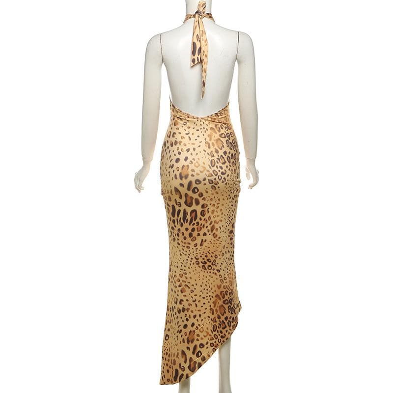 Allure & Edge: Leopard Print Halter Maxi Dress with Backless Design & Asymmetrical Lacing - Your Fall & Holiday Statement Piece