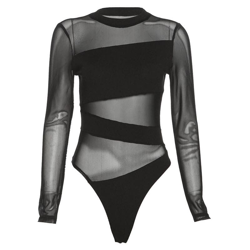 Edgy Sheer Mesh Patchwork Bodysuit - Long Sleeve Fall Nights & Halloween Chic