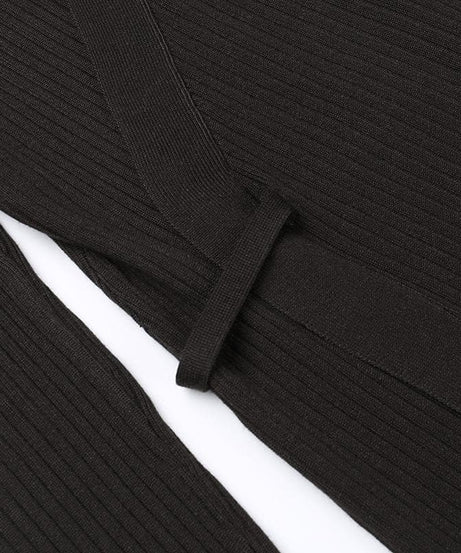 Elevated Fall Style: Ribbed Knit Wrap Midi Dress - Long Sleeve V-Neck Collar & Asymmetrical Hem