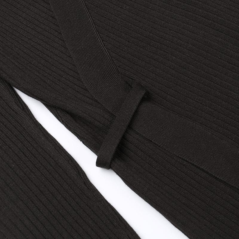 Elevated Fall Style: Ribbed Knit Wrap Midi Dress - Long Sleeve V-Neck Collar & Asymmetrical Hem