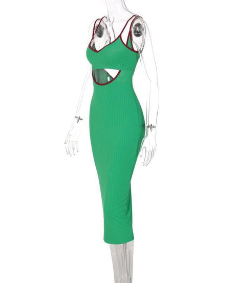 Fall & Holiday Ready: Chic Ribbed Cut-Out Midi Dress with Red Trim – Figure-Flattering Green