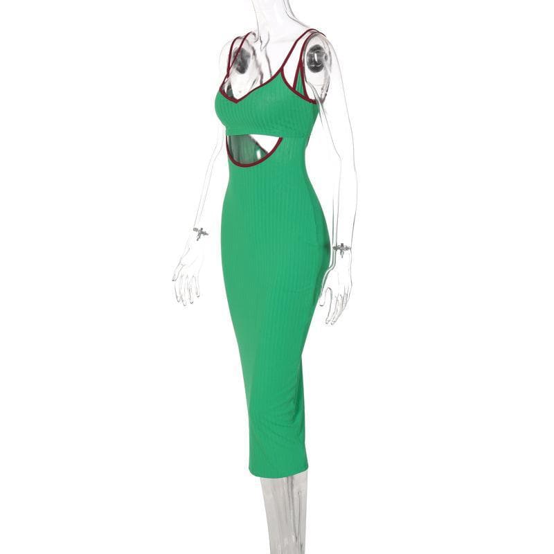 Fall & Holiday Ready: Chic Ribbed Cut-Out Midi Dress with Red Trim – Figure-Flattering Green