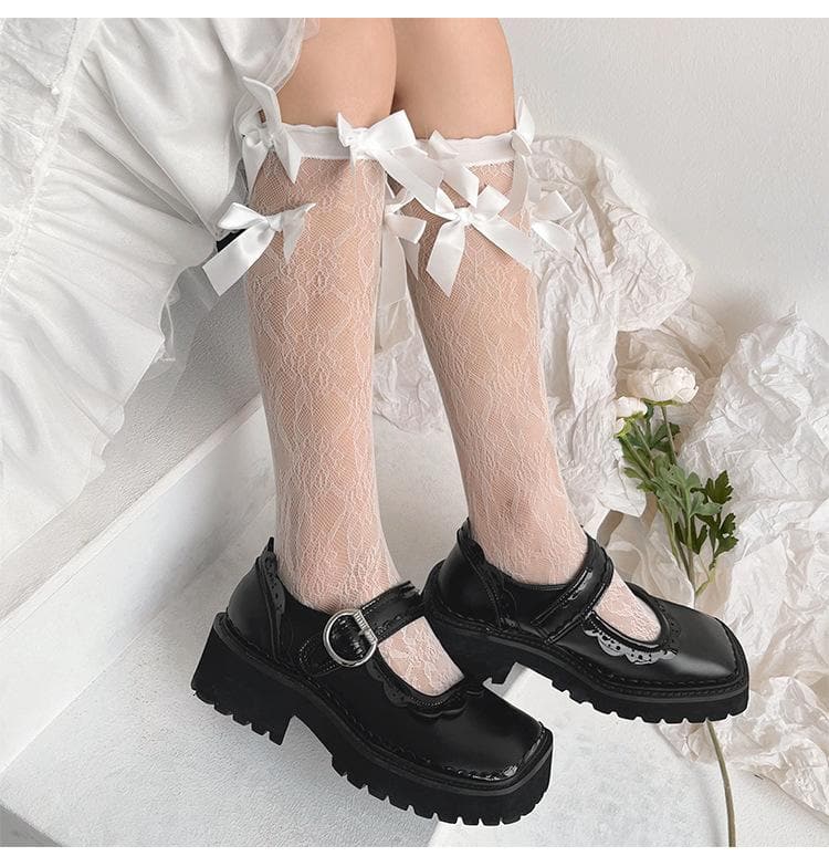 Romantic Lace Bow-Accent Sheer Knee-High Socks for Fall & Holiday Styling