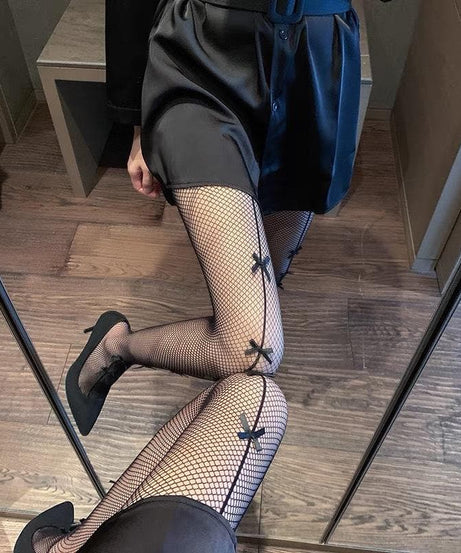 Elegant Edge: Bowknot Back Seam Fishnet Tights - Perfect for Fall & Halloween Chic