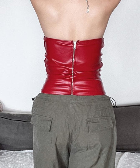 Sultry Red Faux Leather Lace-Up Corset Top - Your Edgy Statement for Fall & Halloween Nights