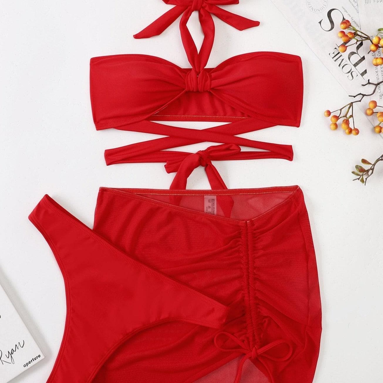 Chic Mocha 3-Piece Halter Bikini & Ruched Skirt Set | Your Ultimate Tropical Getaway Essential