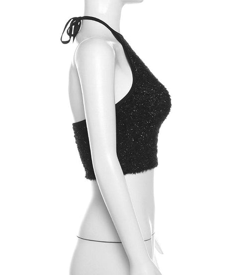 Luxe Black Fuzzy Halter Crop Top – Chic Fall & Holiday Going Out Style