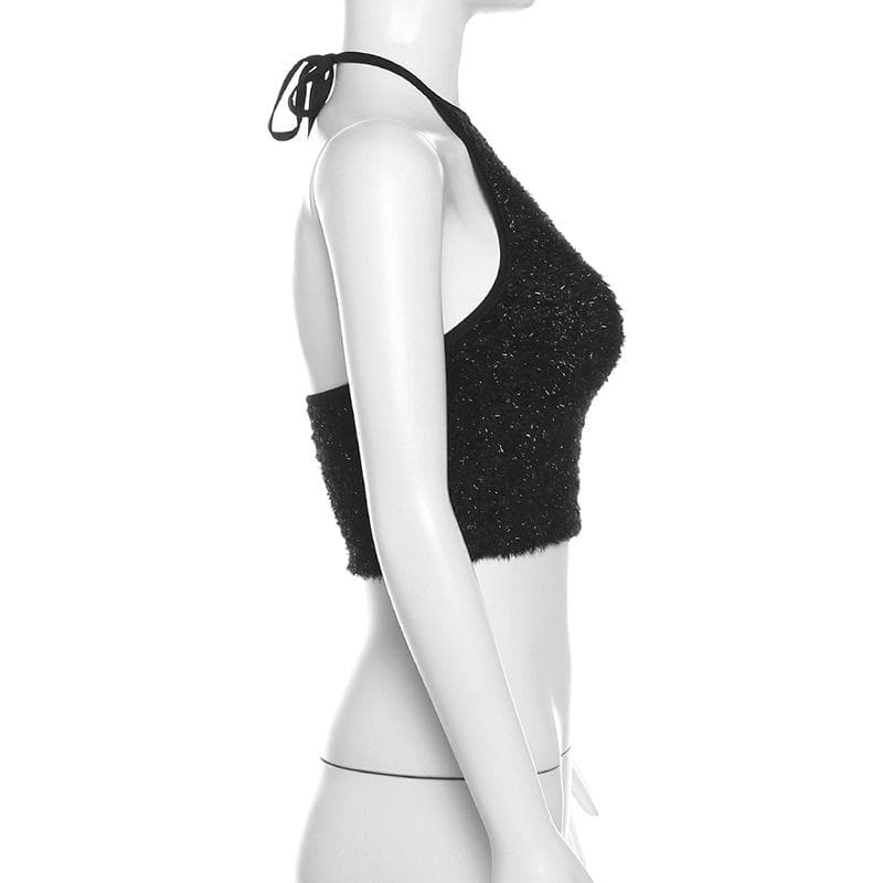 Luxe Black Fuzzy Halter Crop Top – Chic Fall & Holiday Going Out Style