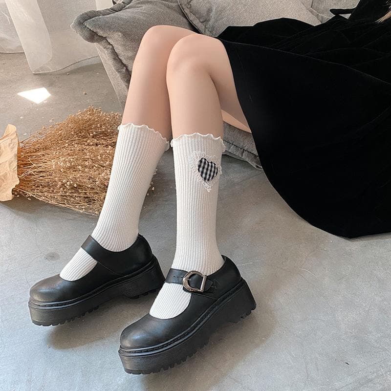 Sweet & Spooky: Ruffle Heart Ribbed Crew Socks - Fall & Halloween Ready!
