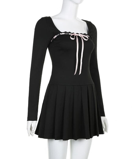 Chic Fall Coquette Black Pleated Mini Dress | Square Neck Long Sleeve & Ribbon Detail