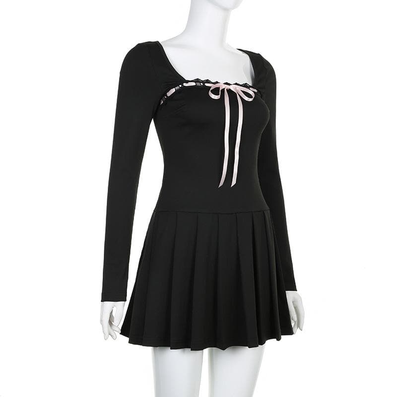 Chic Fall Coquette Black Pleated Mini Dress | Square Neck Long Sleeve & Ribbon Detail