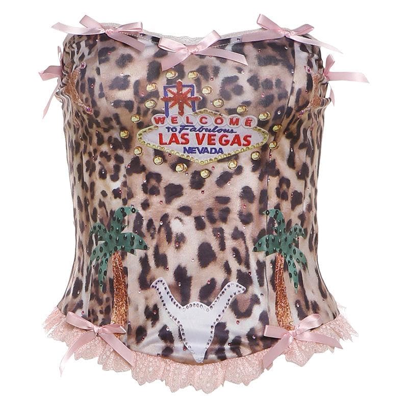 Vegas Vixen Pink Leopard Tube Top - Y2K Glam, Bows & Lace for Wild Fall Nights