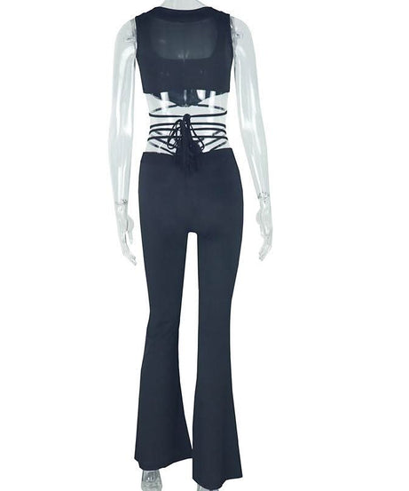 Snatched & Chic: Black Square Neck Flared Jumpsuit with Transparent Lace-Up Waist – Fall & Holiday Must-Have