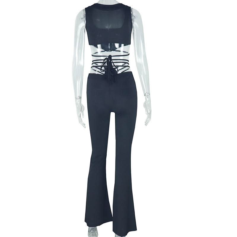 Snatched & Chic: Black Square Neck Flared Jumpsuit with Transparent Lace-Up Waist – Fall & Holiday Must-Have