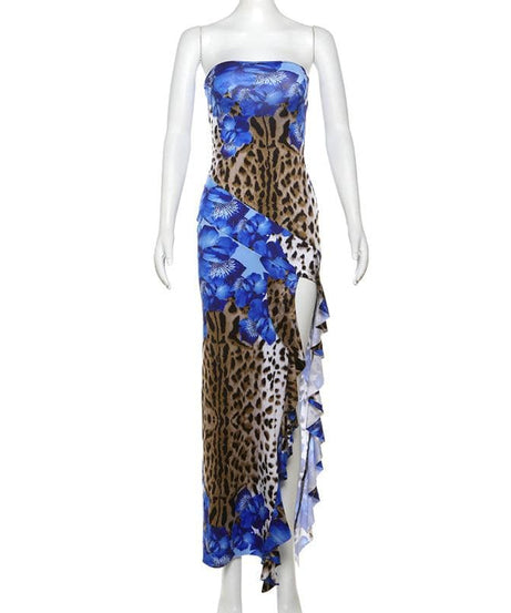 Daring Bloom: Blue Floral & Leopard Print Strapless Maxi Dress with High Slit – Fall & Holiday Glamour