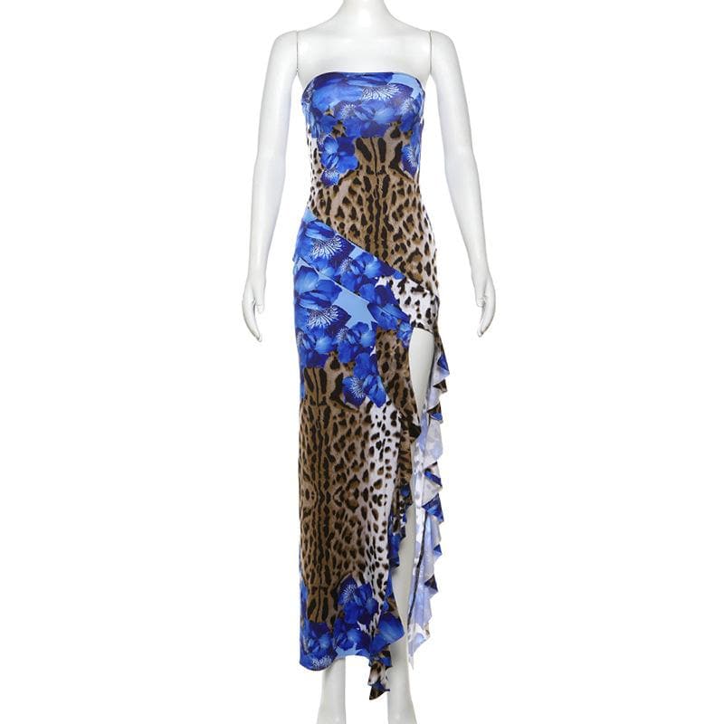 Daring Bloom: Blue Floral & Leopard Print Strapless Maxi Dress with High Slit – Fall & Holiday Glamour