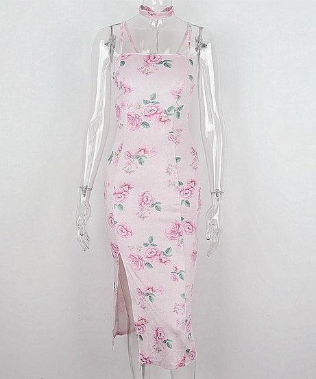 Enchanting Rose Floral Velvet-Touch Midi Dress with Choker & Seductive Slit - Perfect for Fall & Holiday Soirees