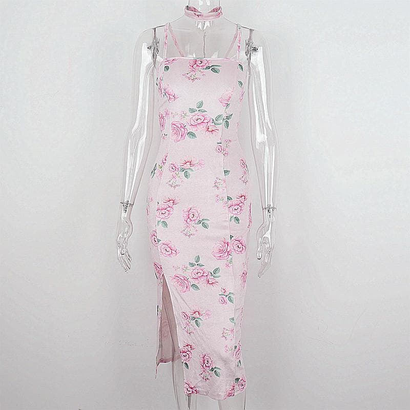 Enchanting Rose Floral Velvet-Touch Midi Dress with Choker & Seductive Slit - Perfect for Fall & Holiday Soirees