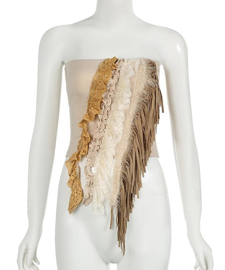 Fall Fringe Flair: Boho Layered Lace & Ruffle Tube Top for Women