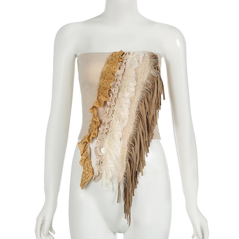 Fall Fringe Flair: Boho Layered Lace & Ruffle Tube Top for Women