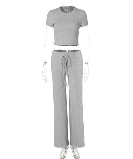 Effortless Fall Style: Cozy Heather Grey 2-Piece Cropped Tee & Wide-Leg Drawstring Pant Set