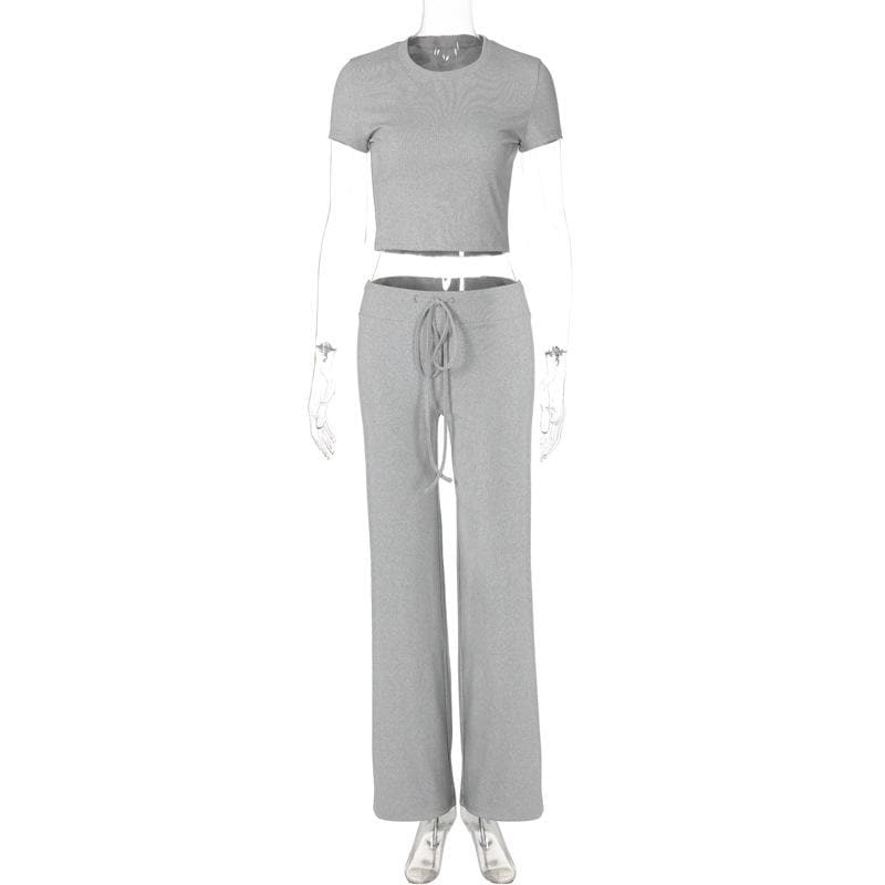 Effortless Fall Style: Cozy Heather Grey 2-Piece Cropped Tee & Wide-Leg Drawstring Pant Set