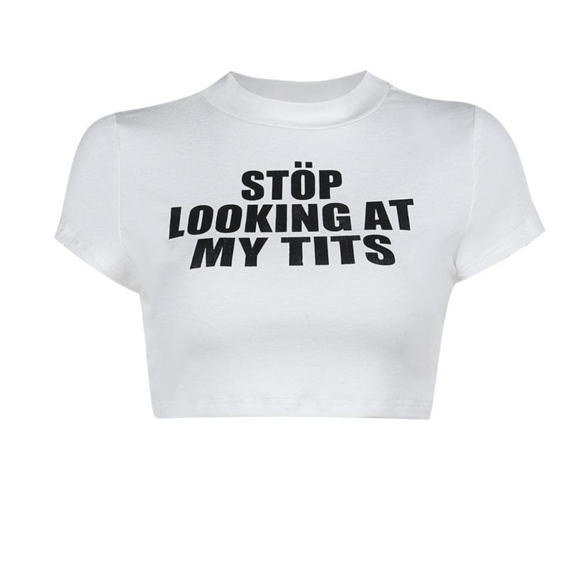 Bold 'STÖP LOOKING AT MY TITS' Graphic Crop Top - Your Ultimate Fall & Halloween Statement Tee for Confident Women