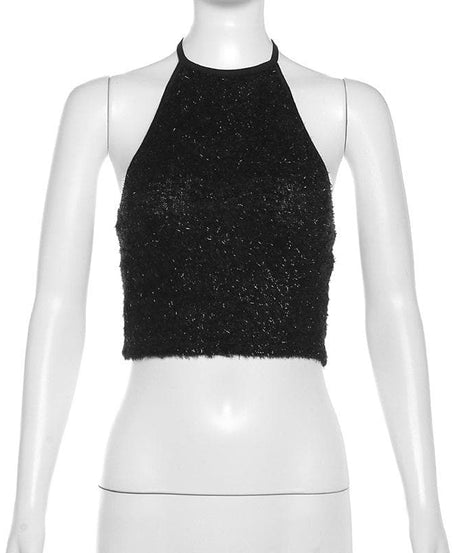 Luxe Black Fuzzy Halter Crop Top – Chic Fall & Holiday Going Out Style