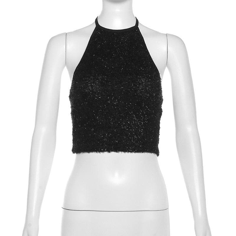 Luxe Black Fuzzy Halter Crop Top – Chic Fall & Holiday Going Out Style