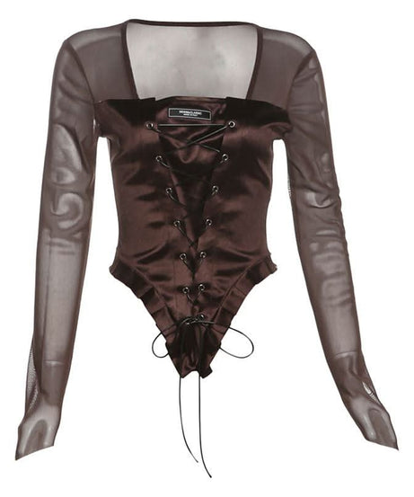 Autumn Allure: Espresso Mesh Corset Top - Edgy Lace-Up Long Sleeve for Fall Nights