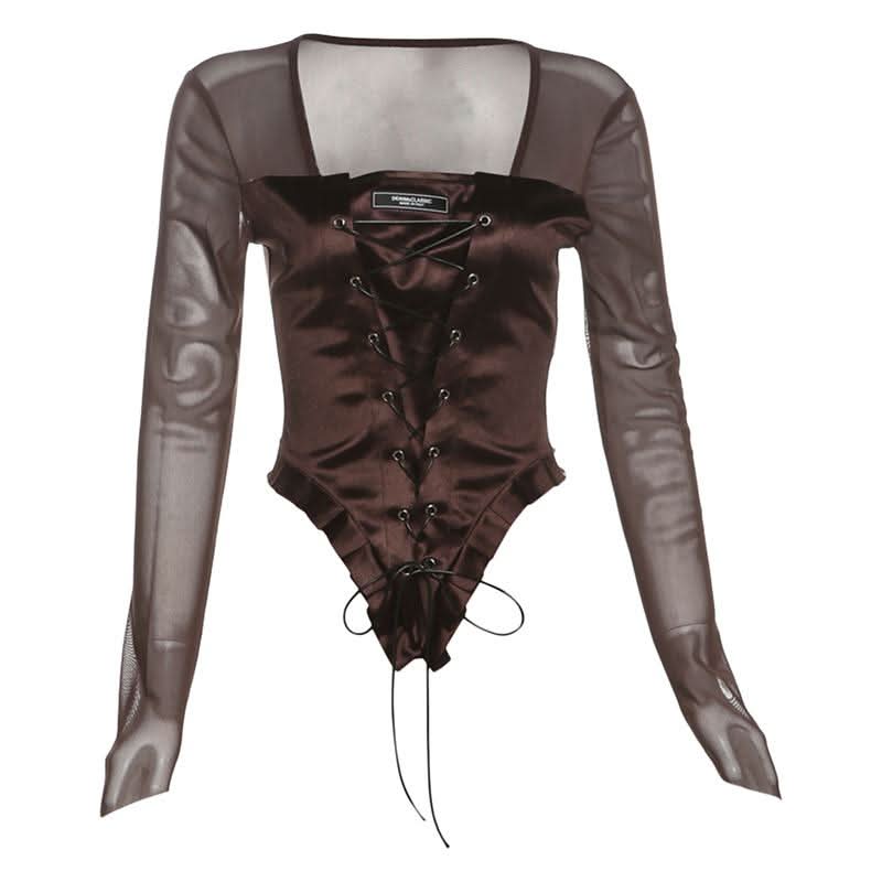 Autumn Allure: Espresso Mesh Corset Top - Edgy Lace-Up Long Sleeve for Fall Nights