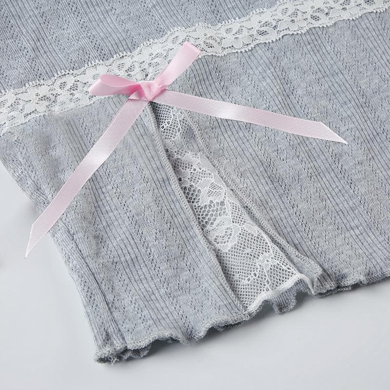 Y2K Coquette Ribbed Long Sleeve Crop Top - Autumn Lace Trim & Bow Accent Tee