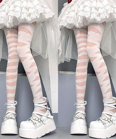 Spooky Chic: Gothic Bandage Cutout Tights – Halloween & Fall Alt Fashion Statement