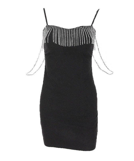 Dazzling Chain Tassel Sweetheart Mini Dress - Black Bodycon Party & Holiday Glam