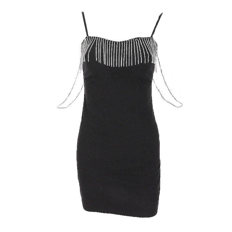 Dazzling Chain Tassel Sweetheart Mini Dress - Black Bodycon Party & Holiday Glam