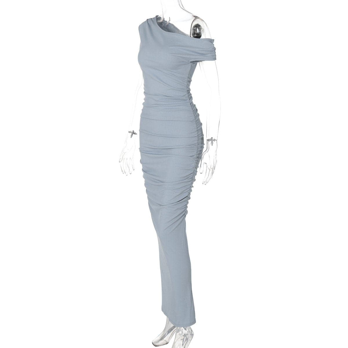 Elevate Your Style: Powder Blue One-Shoulder Ruched Ribbed Maxi Dress – Fall & Holiday Event Ready