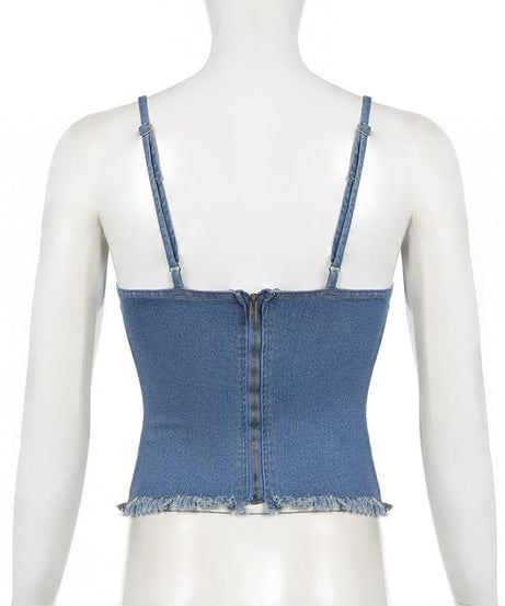 Y2K Coquette Denim Bustier Cami Top with Dainty Lace & Bow - Fall Ready Frayed Hem