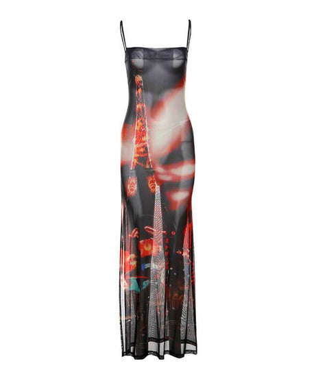 Midnight City Mesh Maxi Dress - Edgy High Slit Cami for Fall Nights Out