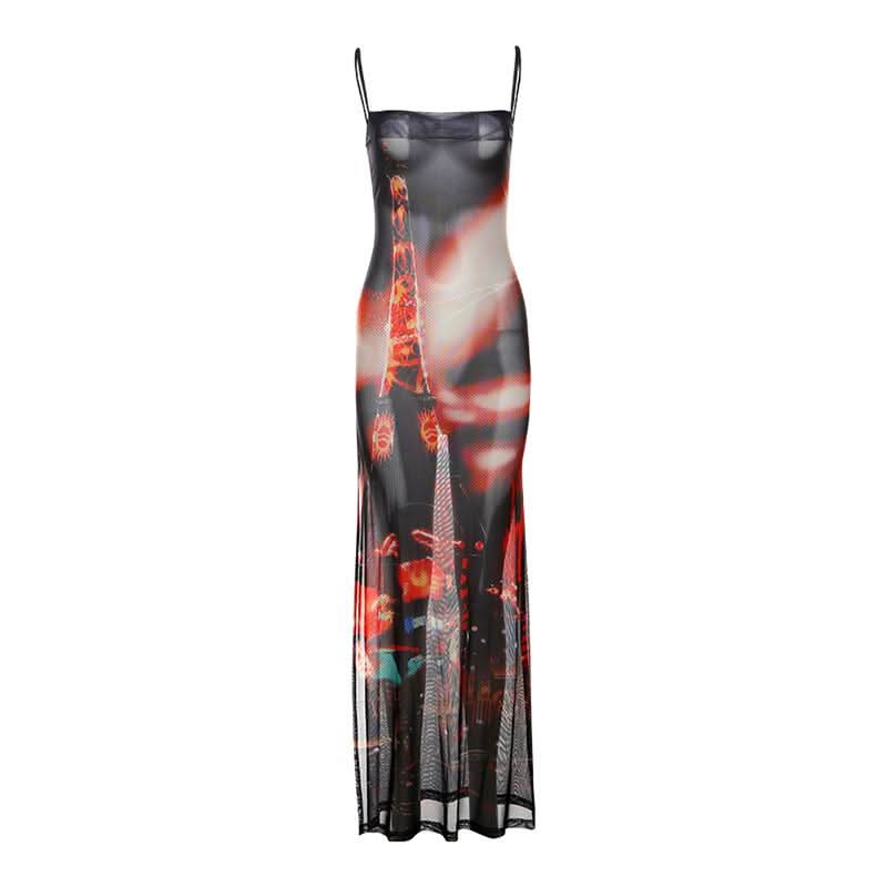 Midnight City Mesh Maxi Dress - Edgy High Slit Cami for Fall Nights Out