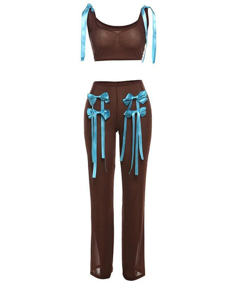 Coquette Dream Sheer Mesh Bow Tie Top & Pants Set | Y2K Fall Fashion
