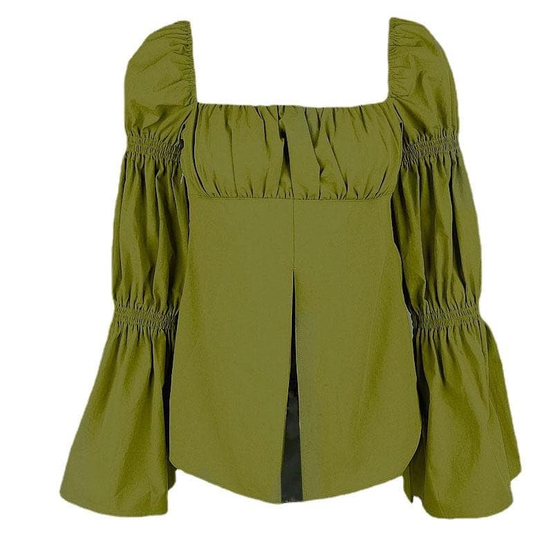 Autumn Chic: Olive Green Smocked Square Neck Blouse with Statement Puff & Bell Sleeves