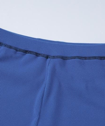 Cozy Chic Cobalt Blue Ribbed Off-Shoulder Long Sleeve Crop Top & Shorts Set - Fall Lounge Essential