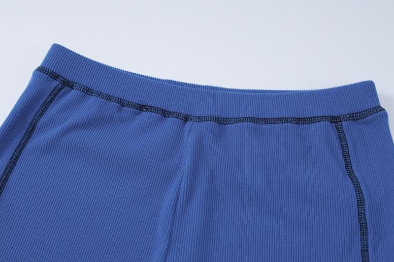 Cozy Chic Cobalt Blue Ribbed Off-Shoulder Long Sleeve Crop Top & Shorts Set - Fall Lounge Essential