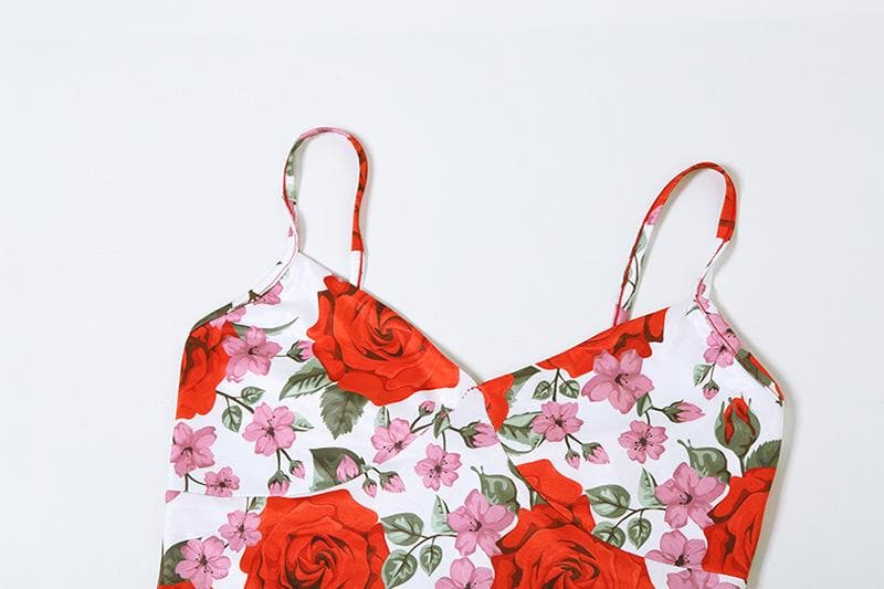Romantic Red Rose Floral Cami & Maxi Skirt Set - Fall Chic Two-Piece Outfit for Women